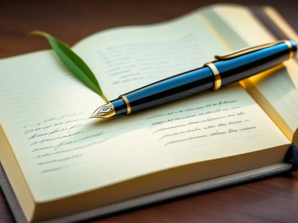 Un entorno sereno e inspirador: pluma sobre cuaderno en blanco, con luz natural y sombra tenue