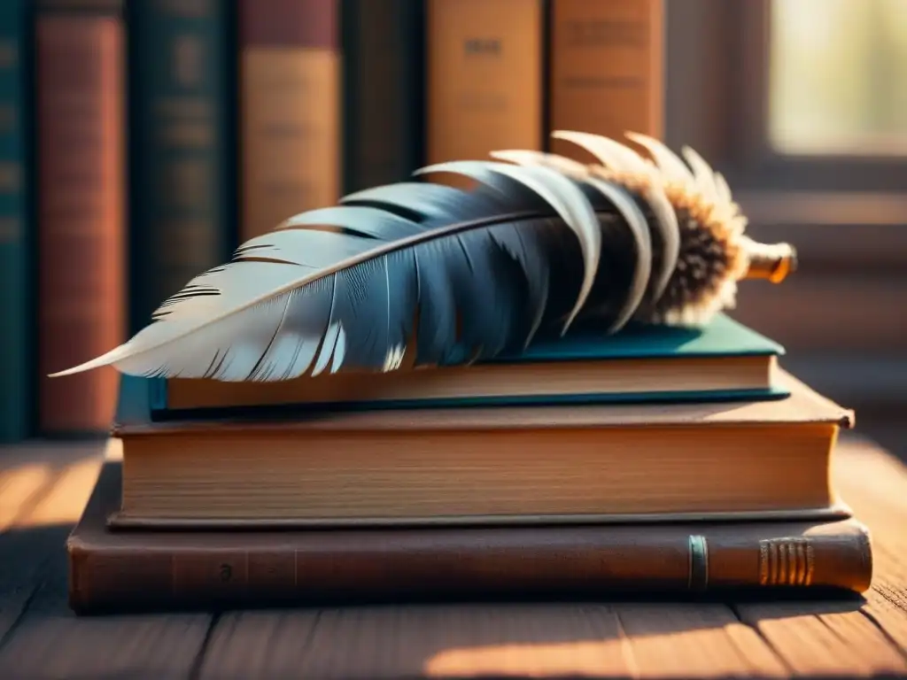 Un entorno tranquilo con una pluma solitaria sobre libros antiguos, iluminado por una luz suave