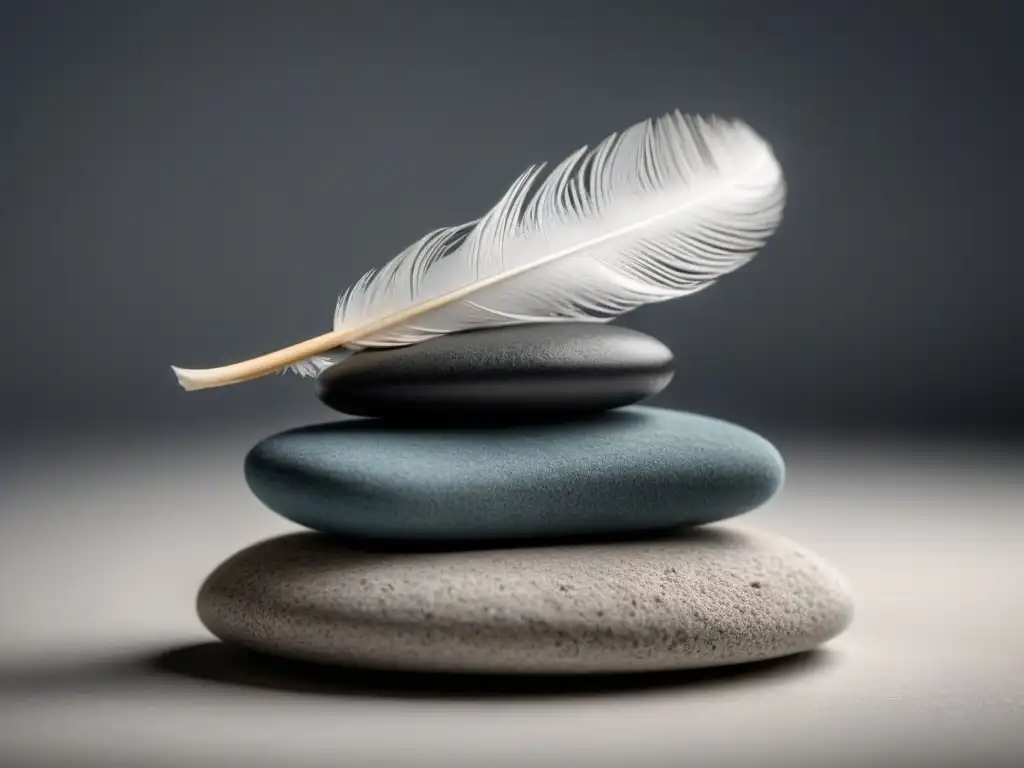 Equilibrio poético: pluma y roca en balanza, simbolizando equilibrio perfecto en poesía