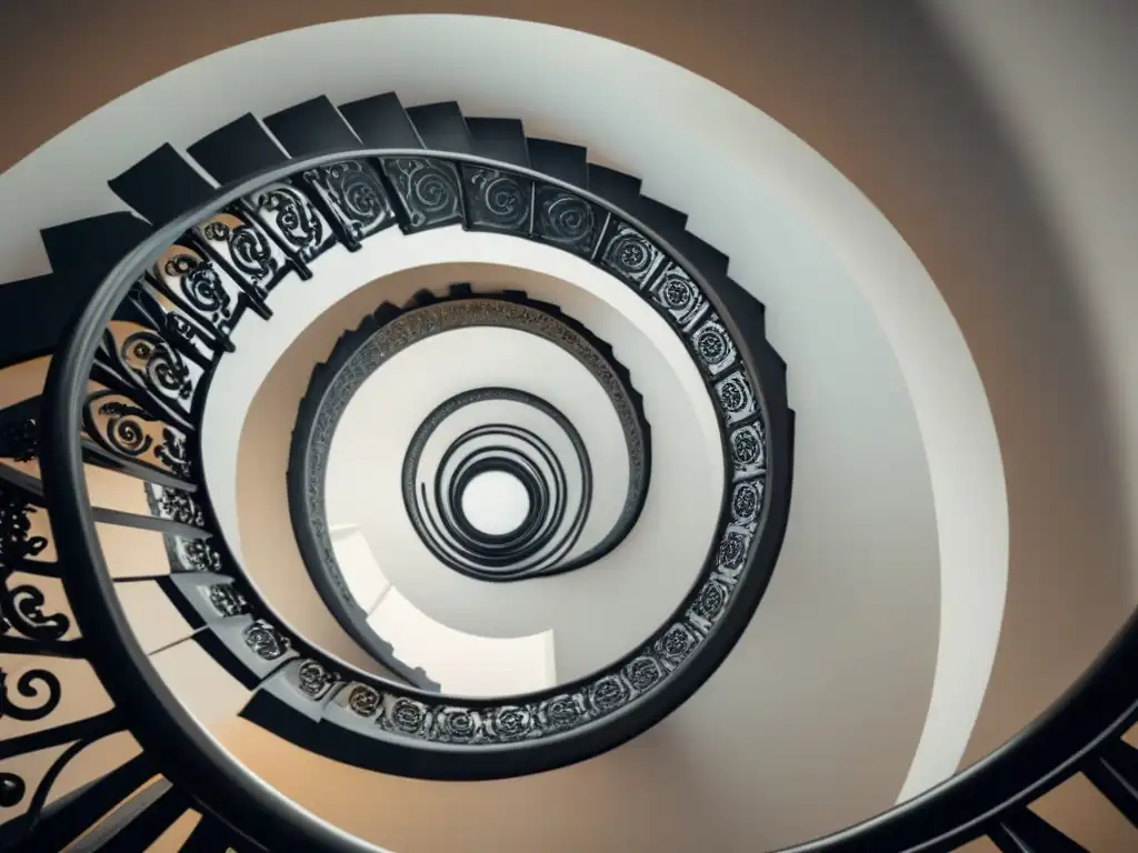 Escalera espiral infinita en blanco y negro, simbolizando la naturaleza infinita de la poesía y el poder transformador de las palabras