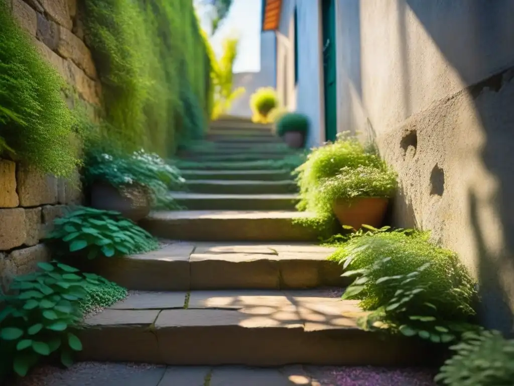 Escalera de piedra en sombras y luz, con musgo y flores, en un rincón inesperado de mensajes poéticos