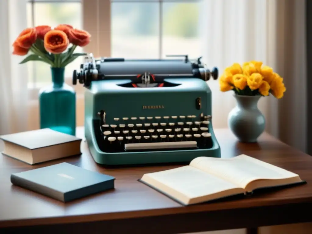 Escena acogedora con escritorio vintage, libros de poesía, café y flores