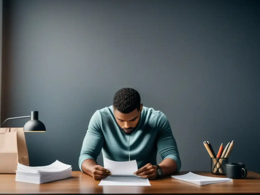 Escena en blanco y negro de persona en escritorio con papel en blanco, transmitiendo el proceso de transcribir inspiración poética