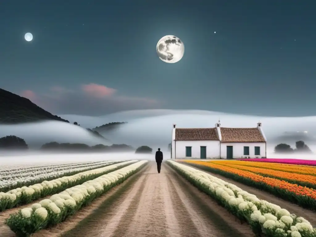 Escena etérea de un campo español bajo la luna con elementos surrealistas, evocando el Realismo mágico de Federico García Lorca