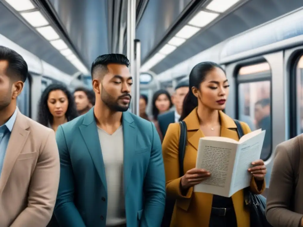 Una escena conmovedora de pasajeros de diferentes culturas leyendo y compartiendo poesía en un transporte público