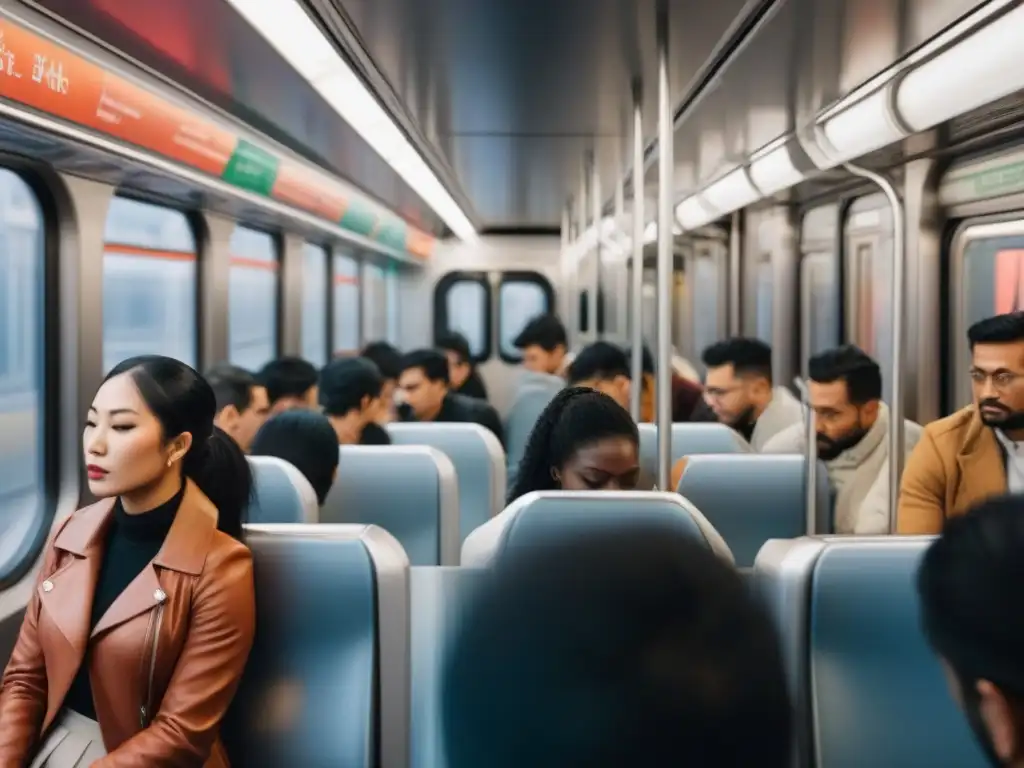 Una escena conmovedora de poesía en el metro transformadora: pasajeros leyendo libros de poesía en un vagón moderno y luminoso