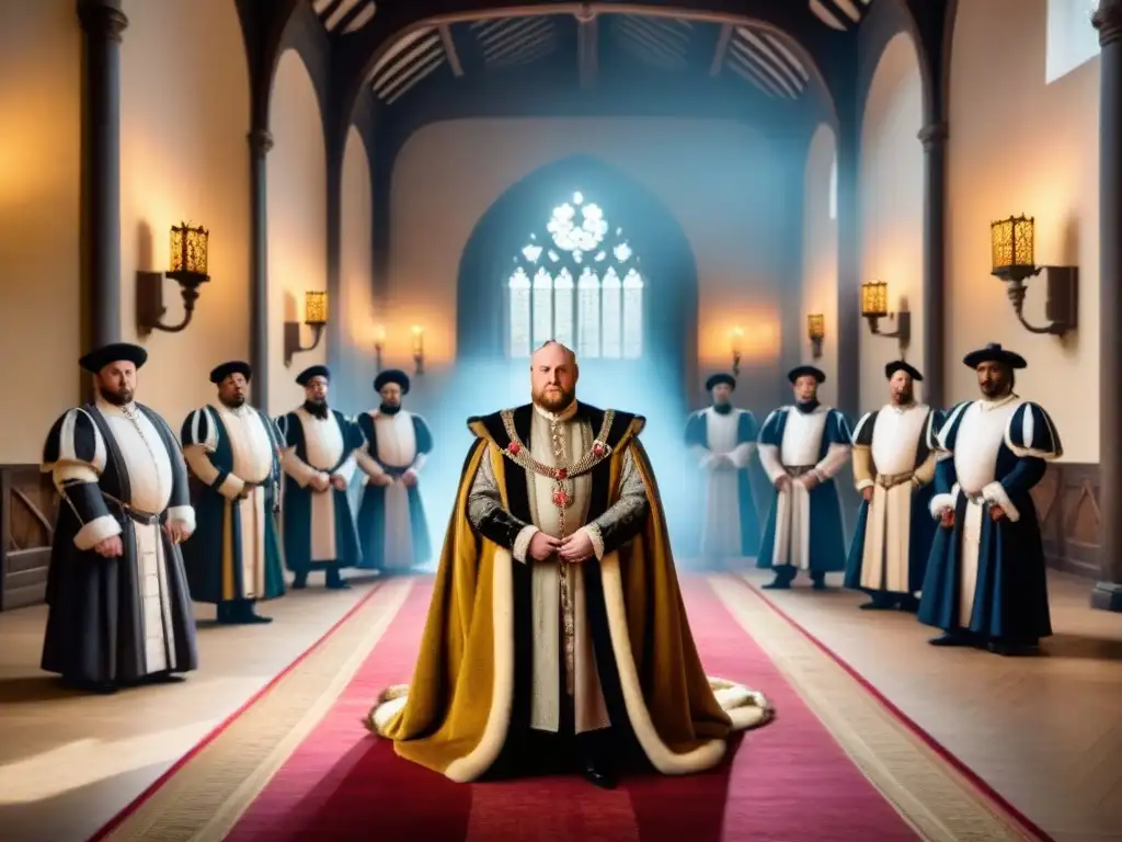 Escena real en la corte de Enrique VIII: elegancia y poder Una escena de la corte real bajo el reinado de Enrique VIII, con elegantes cortesanos, músicos y una atmósfera de poder y autoridad