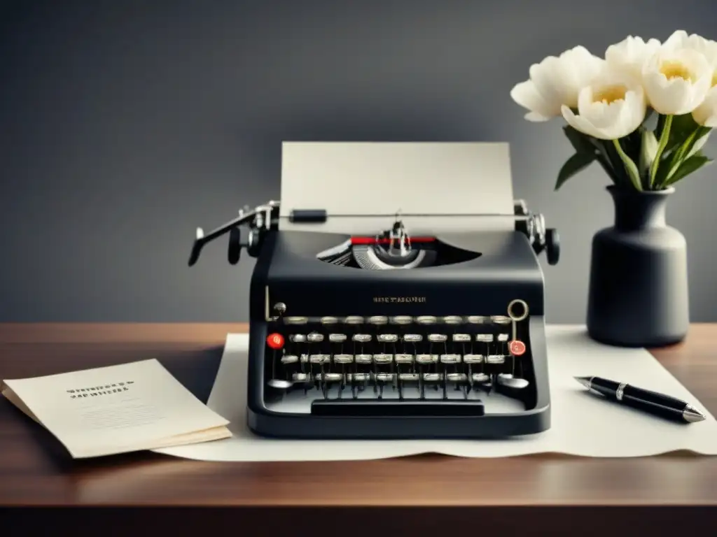 Escena elegante de escritorio con máquina de escribir vintage rodeada de papel arrugado, pluma y flores frescas