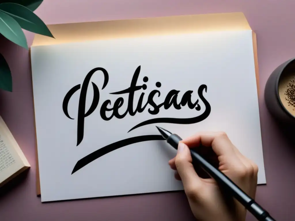 Escena elegante: pluma escribiendo 'Poetisas destacadas en la historia' en caligrafía sobre fondo degradado