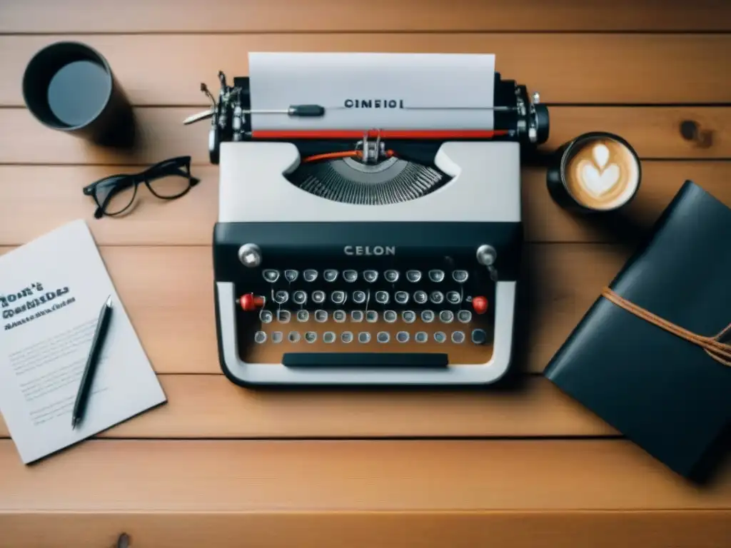 Escena inspiradora con una máquina de escribir, papeles, gafas, libreta y café transmitiendo el Espíritu Beat John Clellon Holmes