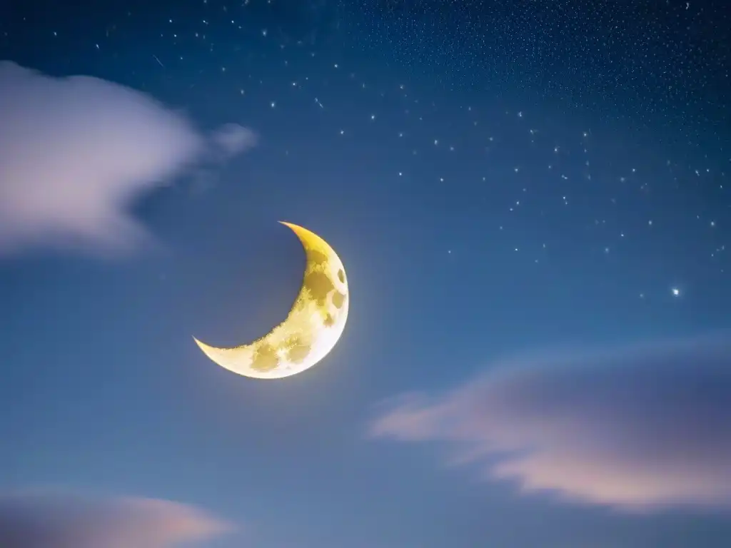 Escena de luna creciente entre estrellas, iluminando nubes, evocando simbolismo, oscuridad, poesía nocturna