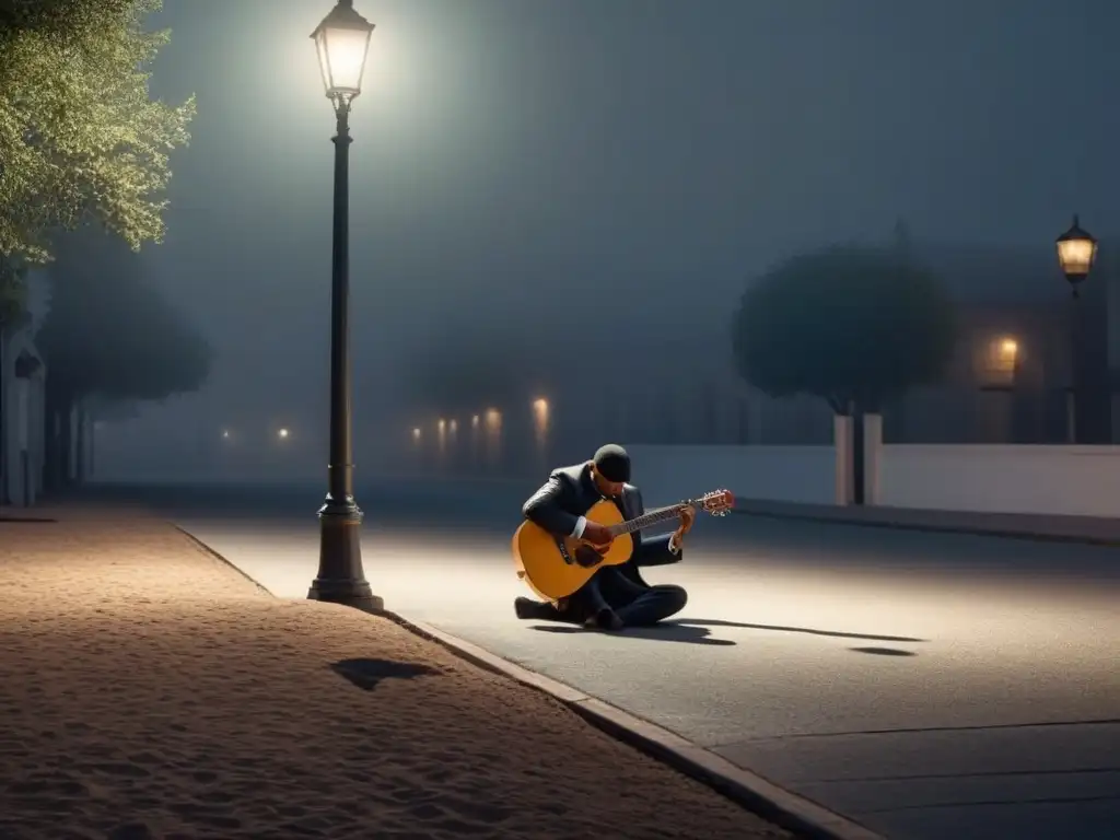 Escena melancólica de una figura solitaria tocando guitarra bajo una farola, narrando historias con baladas poéticas