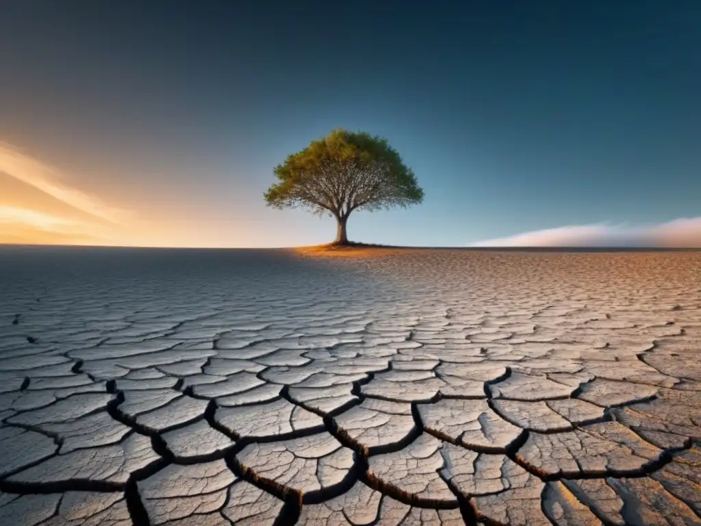 Escena minimalista en blanco y negro de un árbol solitario en tierra agrietada, simbolizando la esperanza en la crisis climática