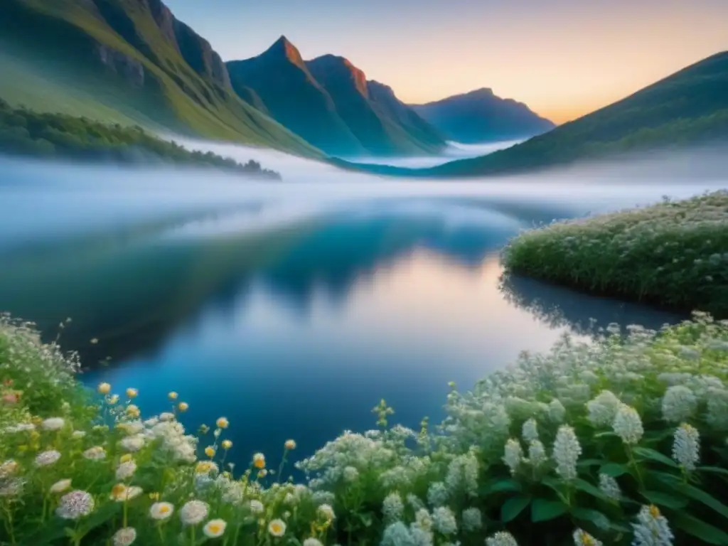 Escena de naturaleza calmada al amanecer con lago sereno, reflejando tonos suaves del cielo y rodeado de vegetación exuberante