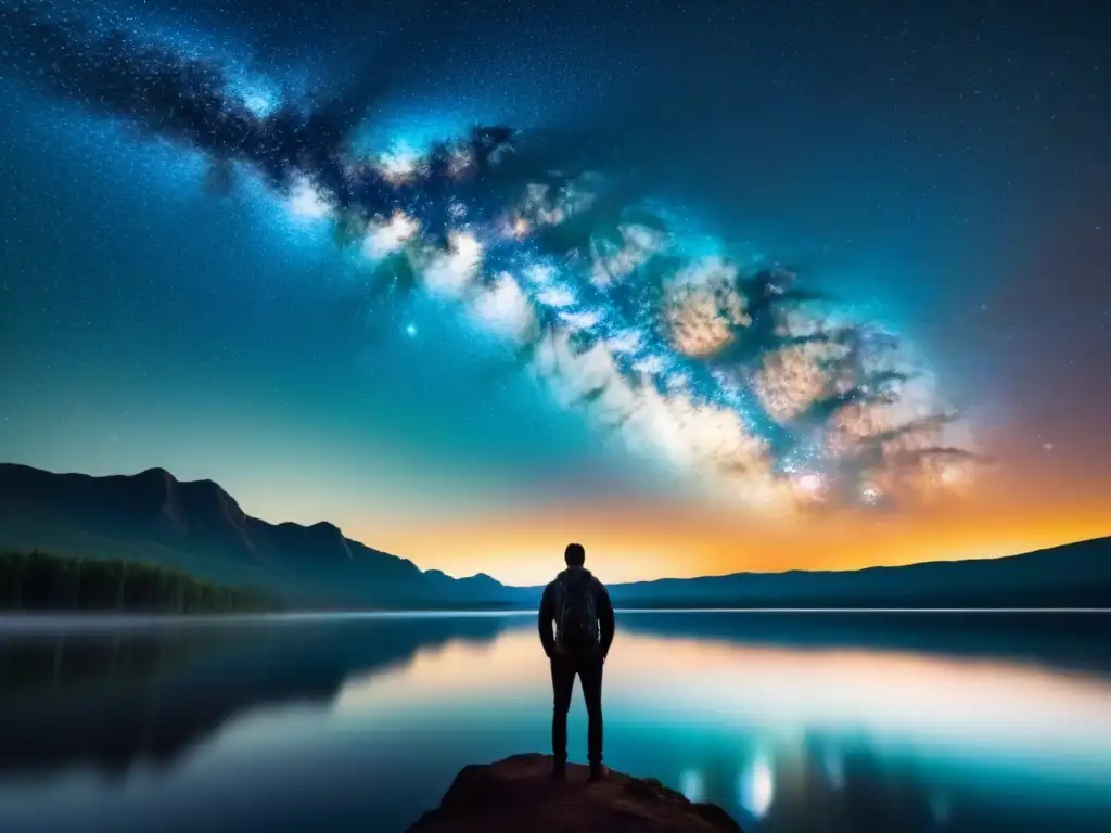 Escena nocturna: cielo estrellado sobre lago, figura solitaria contempla la vastedad