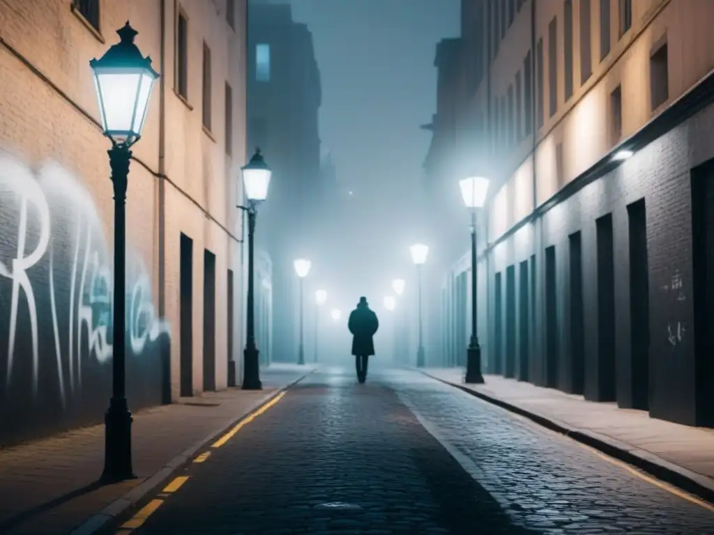 Noche urbana: poesía en la calle Escena nocturna en la ciudad con siluetas urbanas, luz de farola y figuras misteriosas leyendo poemas callejeros