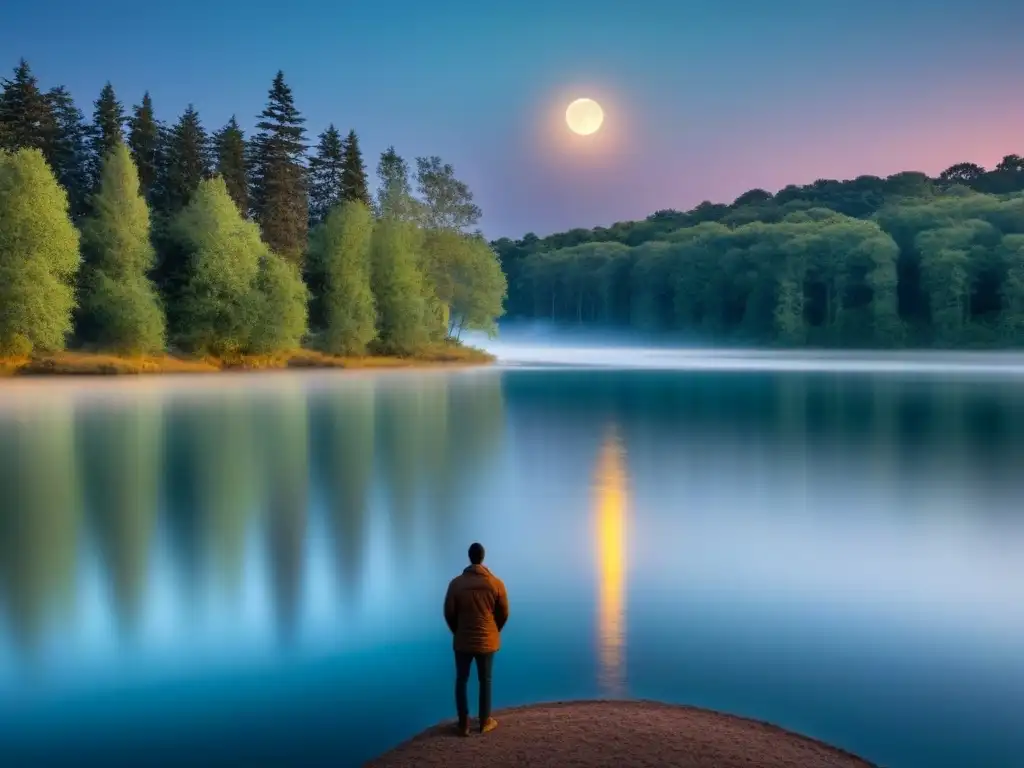 Escena nocturna serena con silueta junto al lago, árboles meciéndose y reflejo de la luna