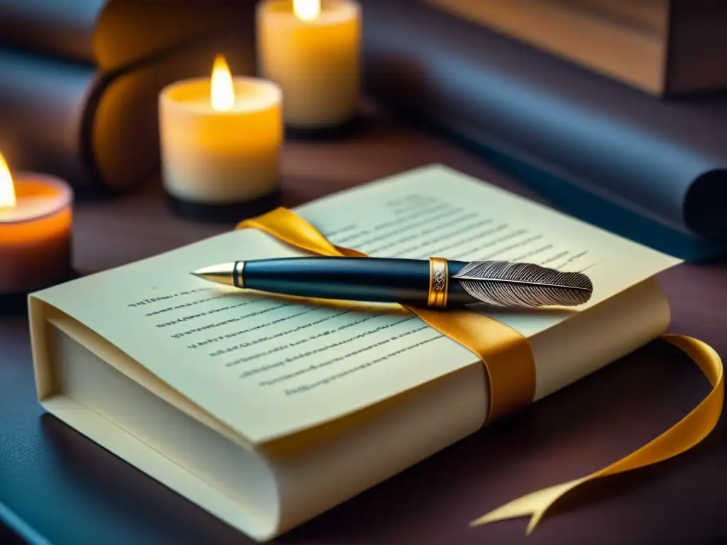Una escena de nostalgia y poesía epistolar, con una pluma elegante sobre cartas amarillentas atadas con cinta de satén