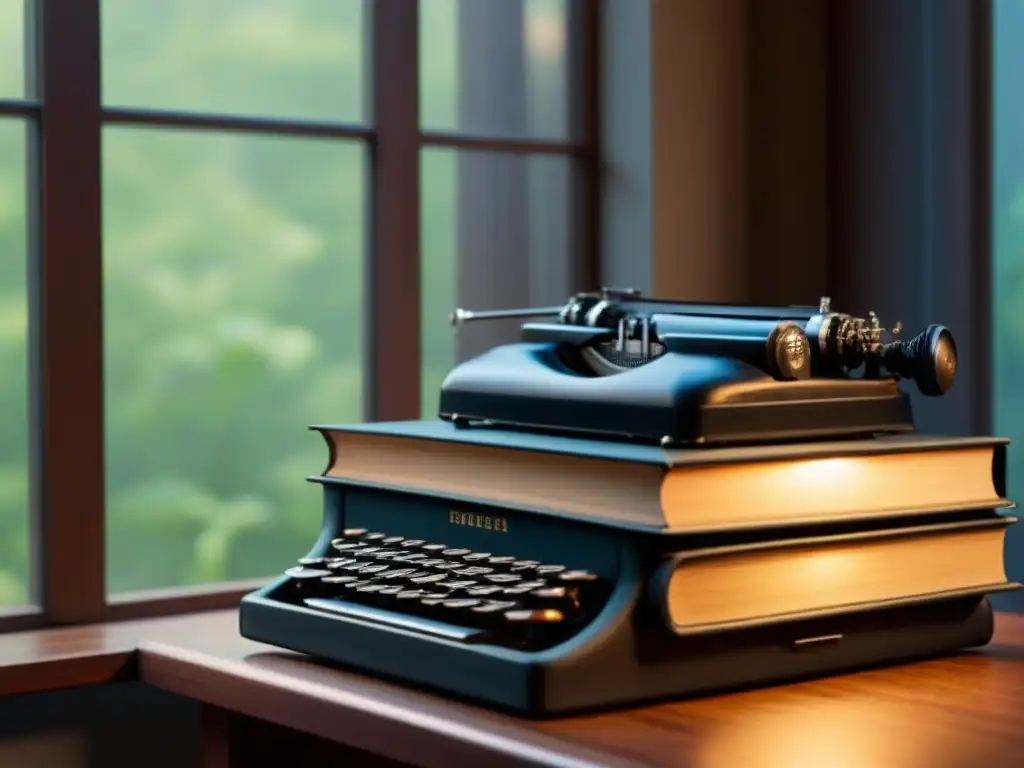 Una escena nostálgica y encantadora de libros antiguos y una máquina de escribir vintage en un escritorio de madera, iluminados por una suave luz