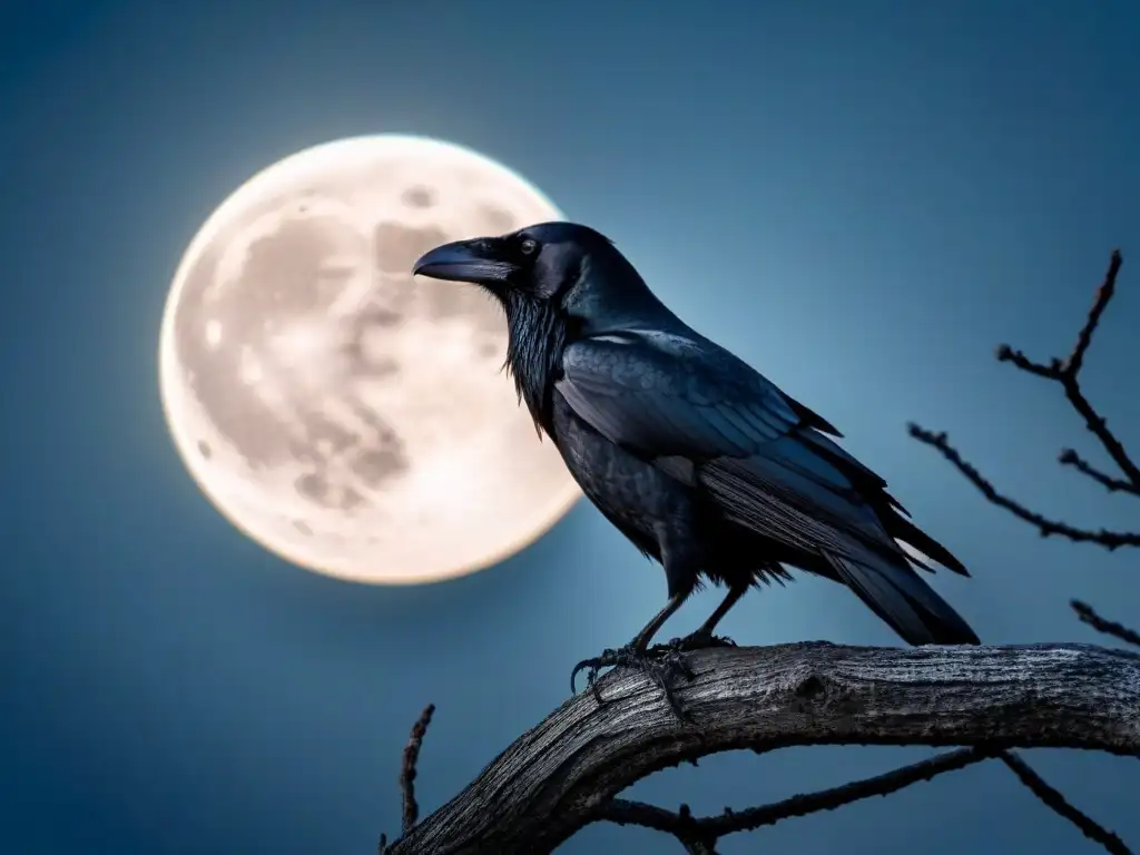 Escena oscura y bella inspirada en la oscuridad y belleza de Edgar Allan Poe: cuervo solitario en rama ante luna llena