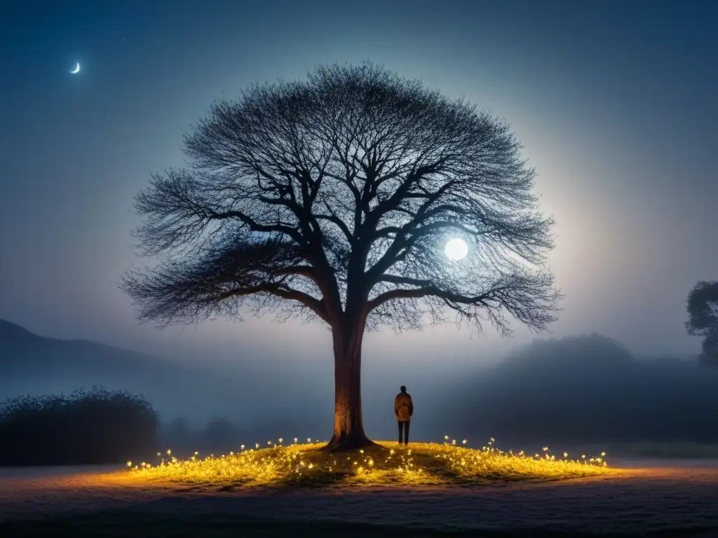 Escena de poesía nocturna y susurros crepúsculo: figura solitaria bajo árbol en noche iluminada por la luna y luciérnagas