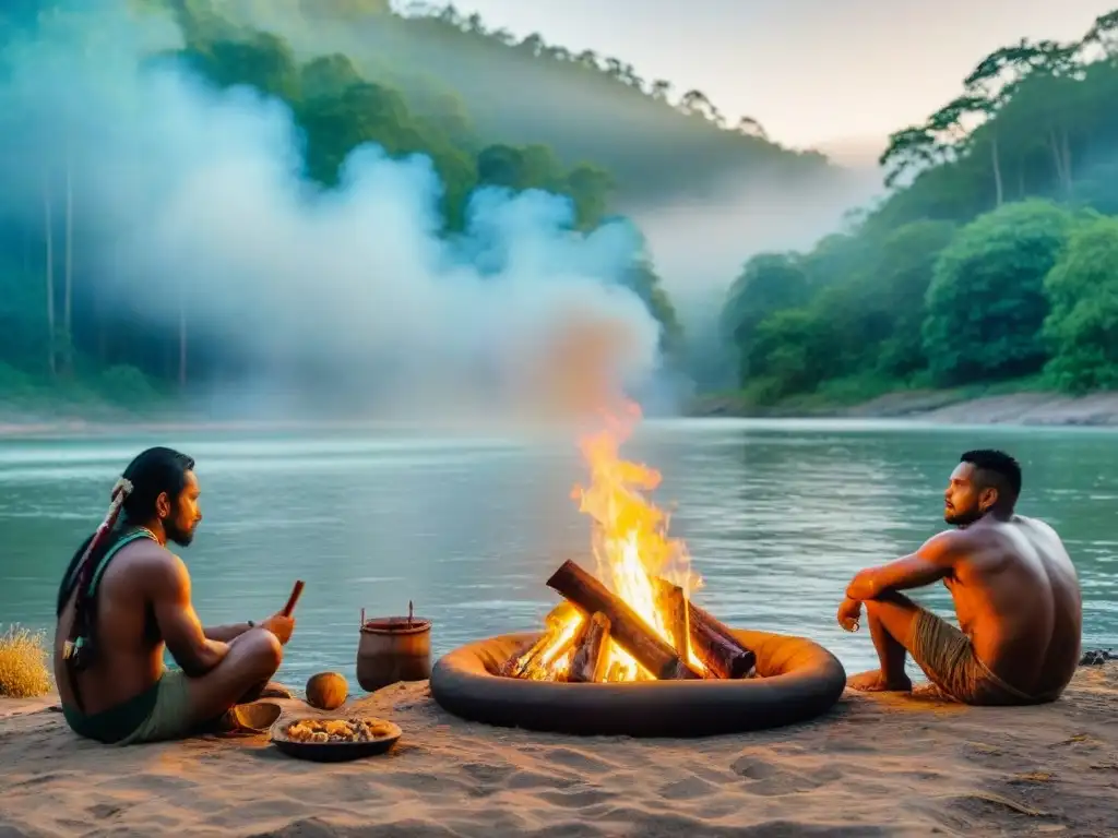 Una escena de poesía indígena contemporánea eco crítica: paisaje sereno con naturaleza exuberante y tribu en ritual alrededor del fuego