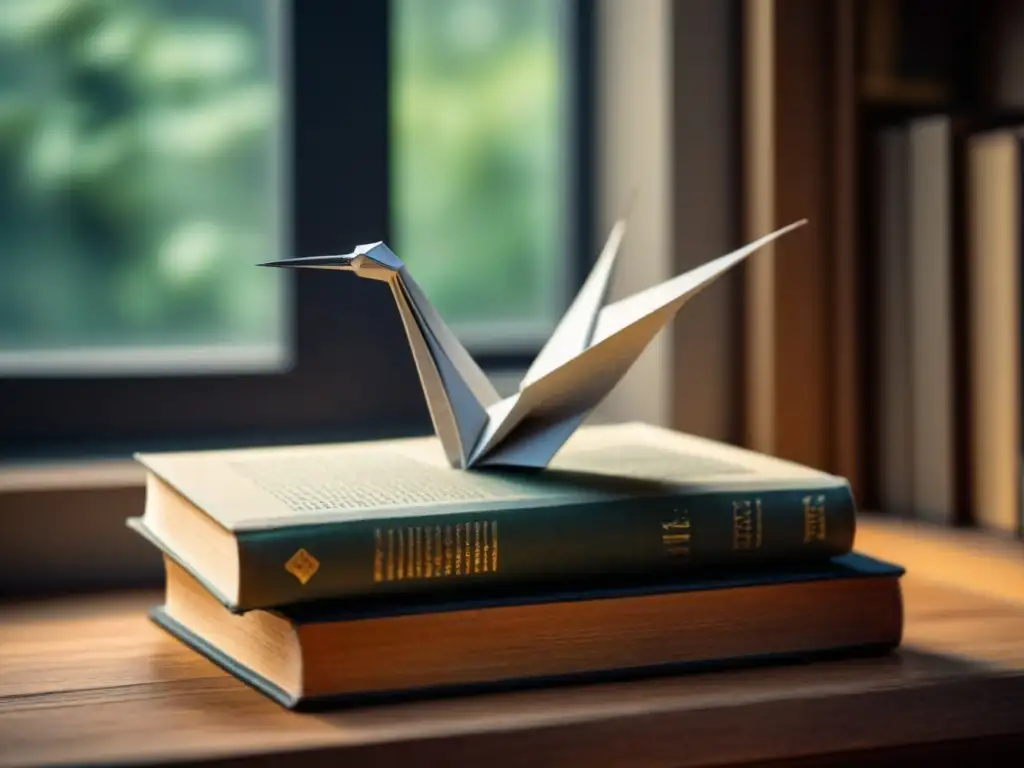 Escena de poesía visual y belleza transformadora: grulla de origami sobre libros antiguos, iluminada por una suave luz