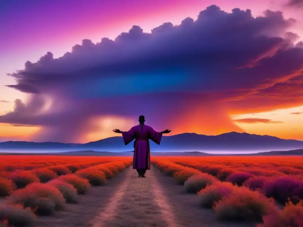 Escena poética: poeta africano solitario en llanura al atardecer, comunión con cielos místicos en tonos púrpuras, naranjas y rosas