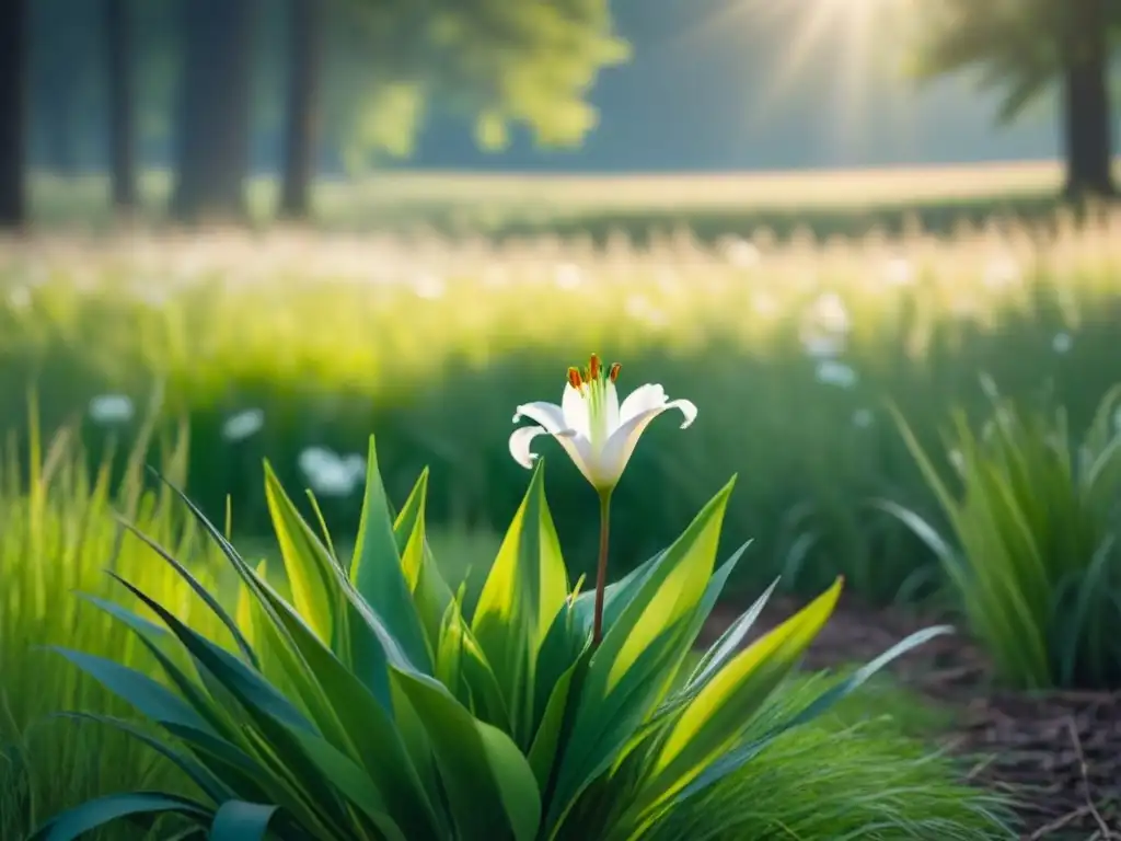 Escena poética: lirio blanco solitario en prado iluminado por el sol, poesía lírica belleza transformadora musa