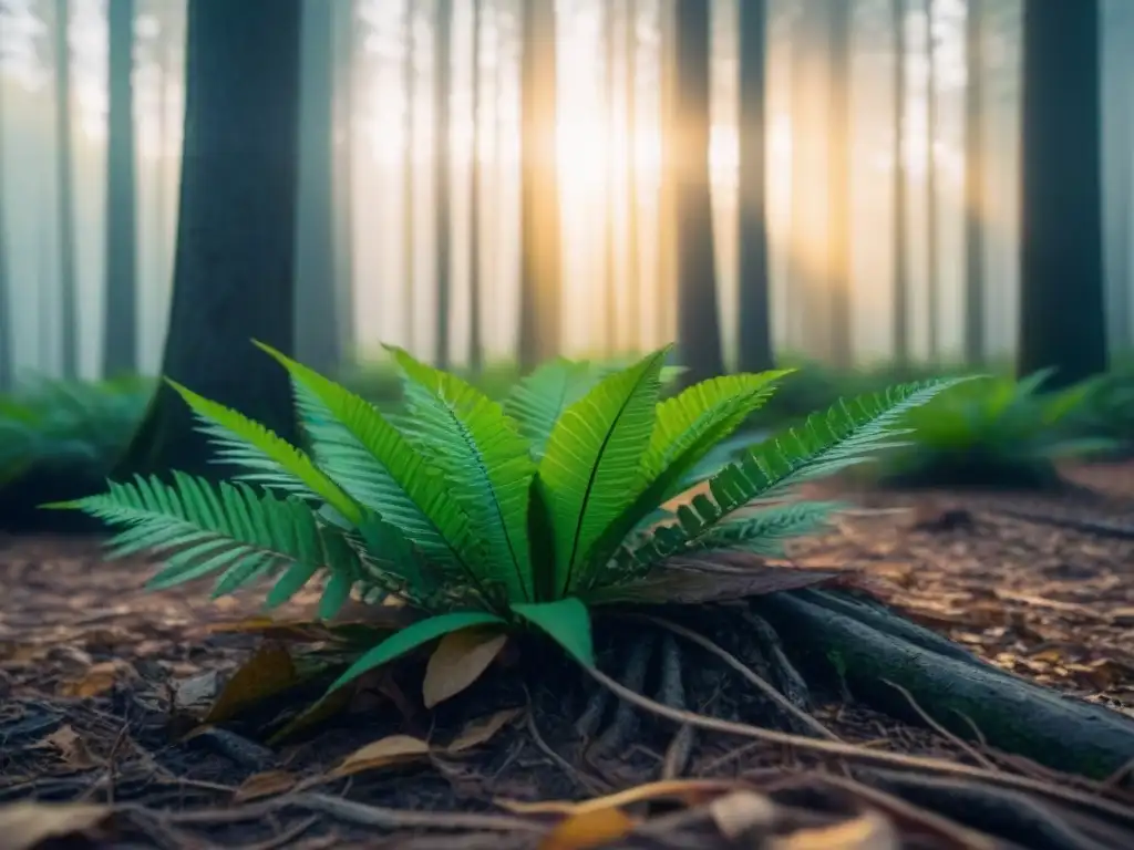 Escena poética de un bosque al amanecer, con luz dorada filtrándose entre los árboles