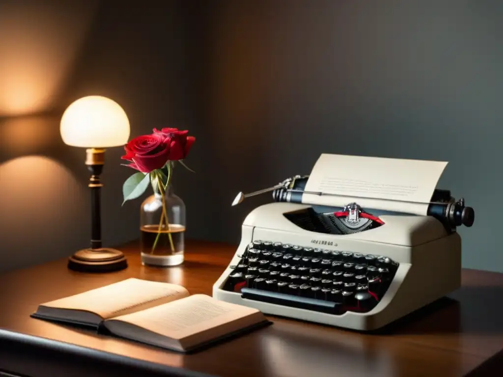 Escena poética con escritorio de madera, libros de poesía transformadora, rosa roja en jarrón y luz cálida