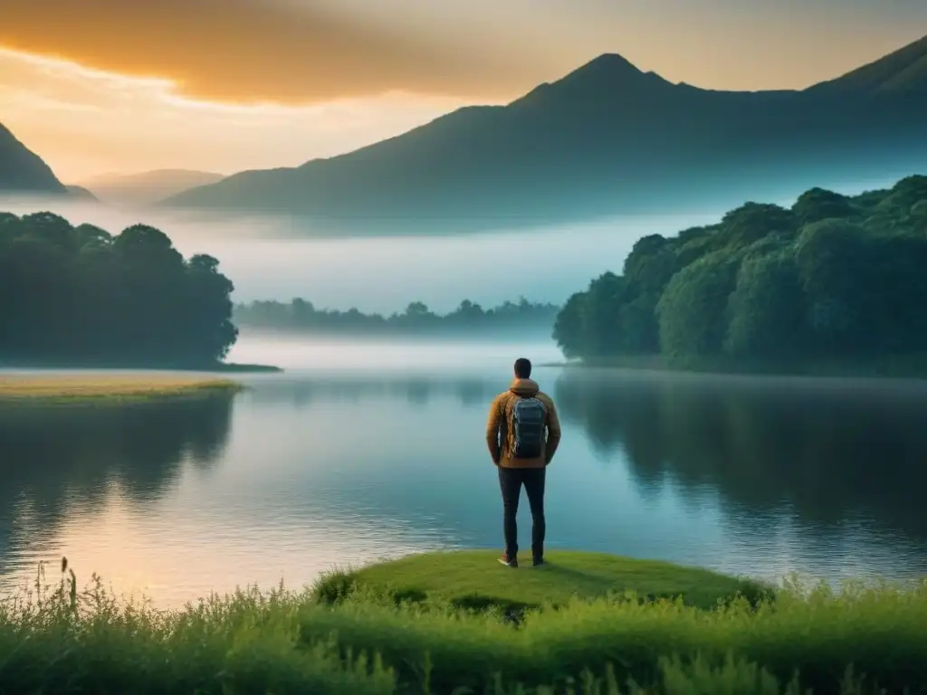 Escena poética: figura solitaria junto al lago, reflejos verdes, sol poniente