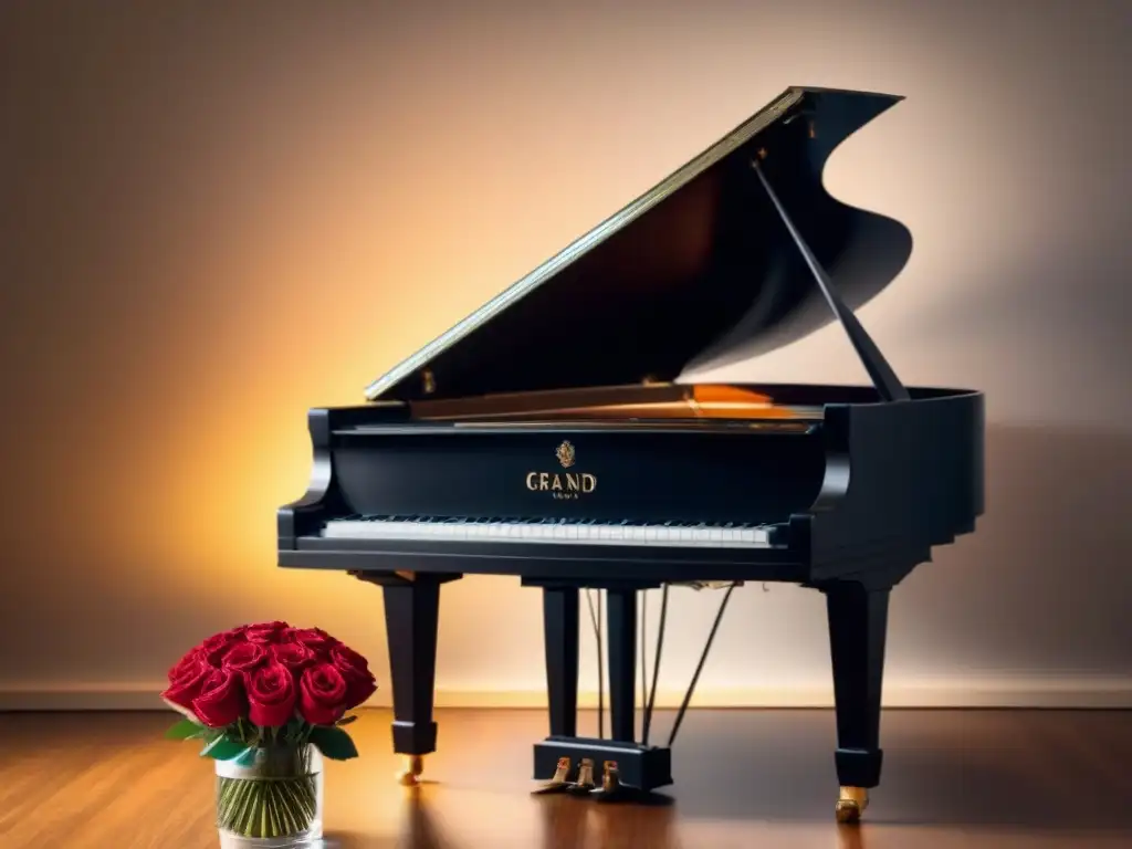 Escena poética: piano negro en una habitación elegante con libros de poesía y una rosa roja