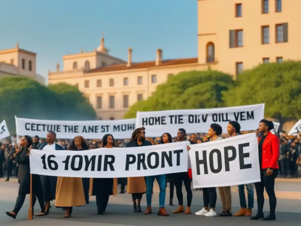 Una escena de protesta pacífica con influencia poesía revoluciones pacíficas: diversidad, unidad y esperanza en un paisaje urbano sereno al atardecer