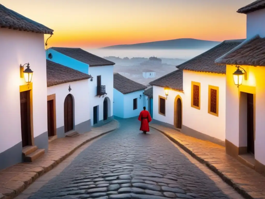 Escena de un pueblo medieval español al atardecer, evocando los orígenes de la lírica española