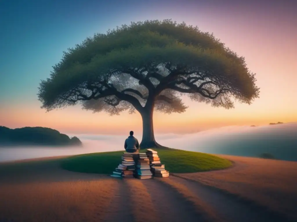 Escena serena al atardecer: figura solitaria bajo un árbol rodeada de libros y materiales de escritura