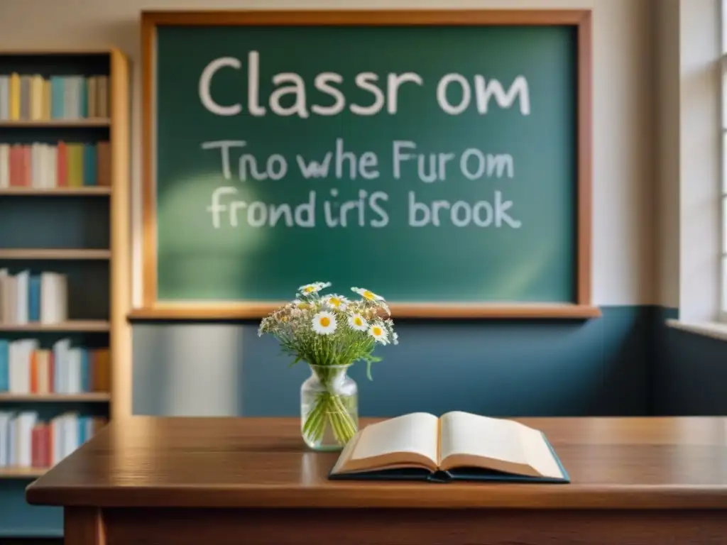 Escena serena de aula con poesía, bienestar estudiantil transmitido a través de libros, poema en pizarra y flores silvestres