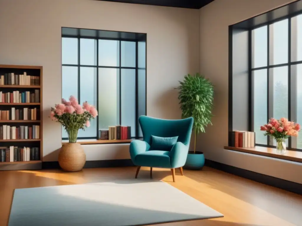 Escena serena en biblioteca: rincón de lectura con libros de poesía, sillón y flores frescas