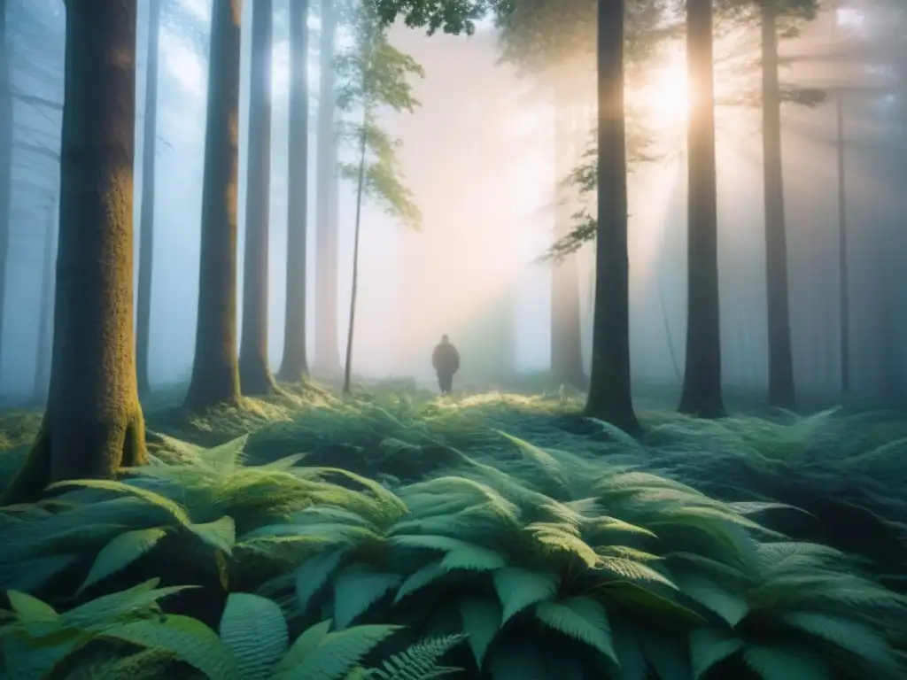 Escena serena de un bosque al amanecer, con luz dorada filtrándose entre hojas verdes