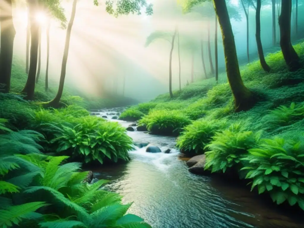 Escena serena en un bosque verde exuberante con rayos de sol filtrándose entre el dosel, reflejándose en un arroyo