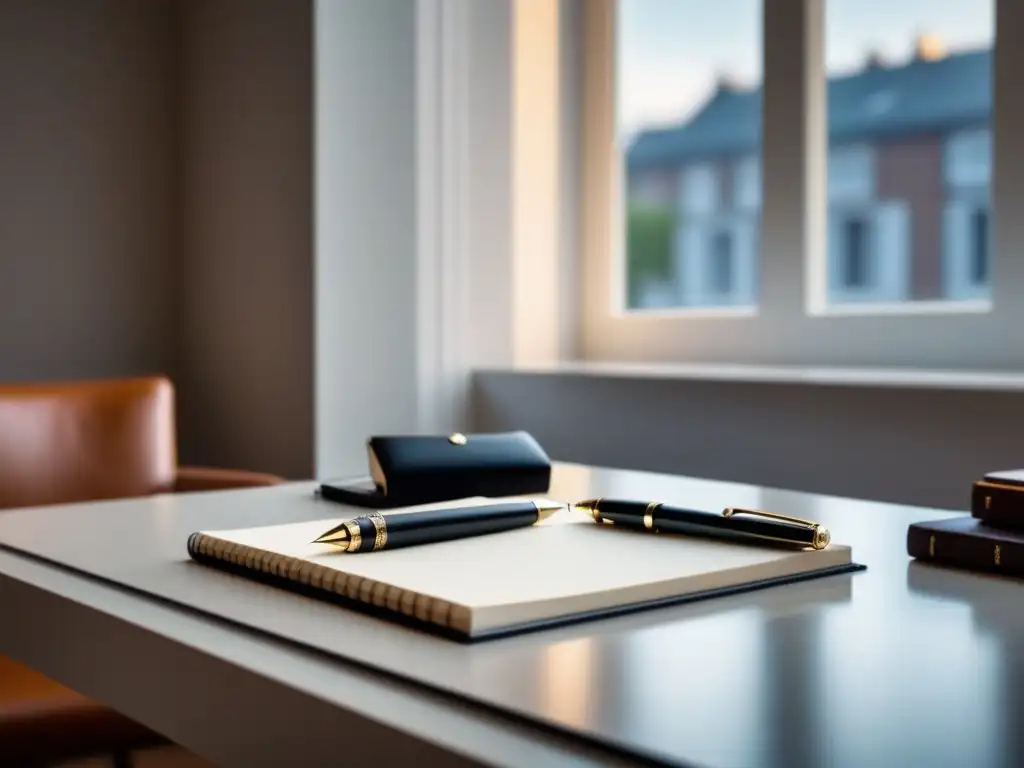 Una escena serena y elegante con un bolígrafo y cuaderno en un escritorio blanco, bañados por luz natural