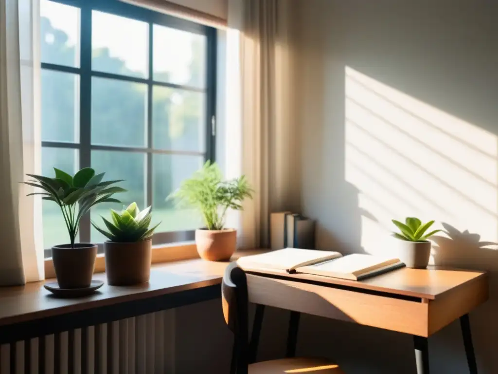 Escena serena en una habitación minimalista con vistas al jardín