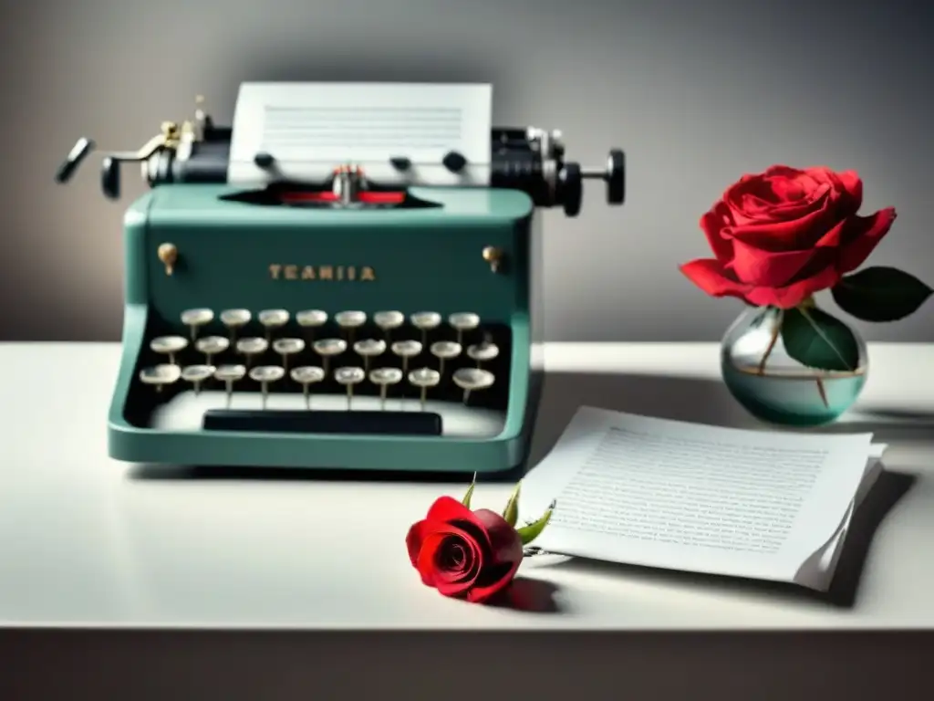 Una escena serena y minimalista con una máquina de escribir vintage en un escritorio blanco, rodeada de papeles arrugados y una rosa roja