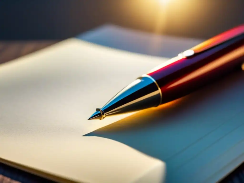 Poesía y reflexión: pluma sobre papel en la luz suave Una escena serena y minimalista: una pluma reposa sobre una hoja en blanco, iluminada por un rayo de sol