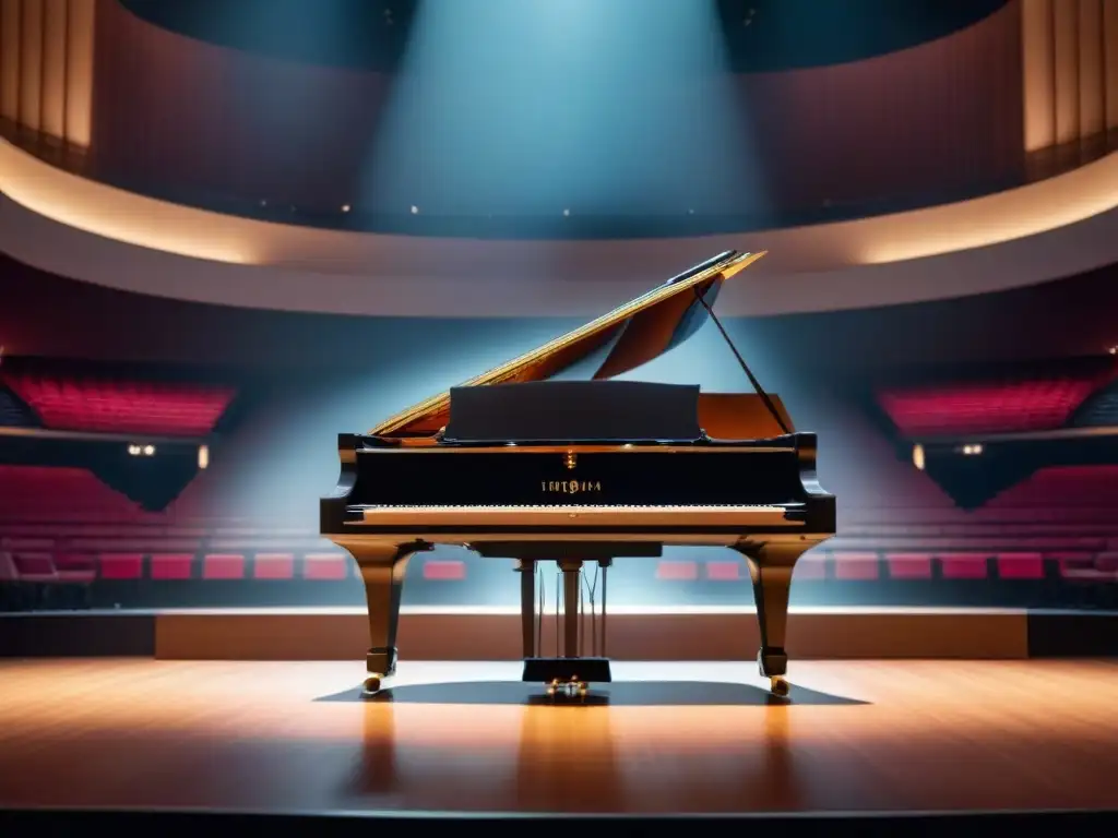 Escena serena: piano iluminado en moderna sala de conciertos al atardecer