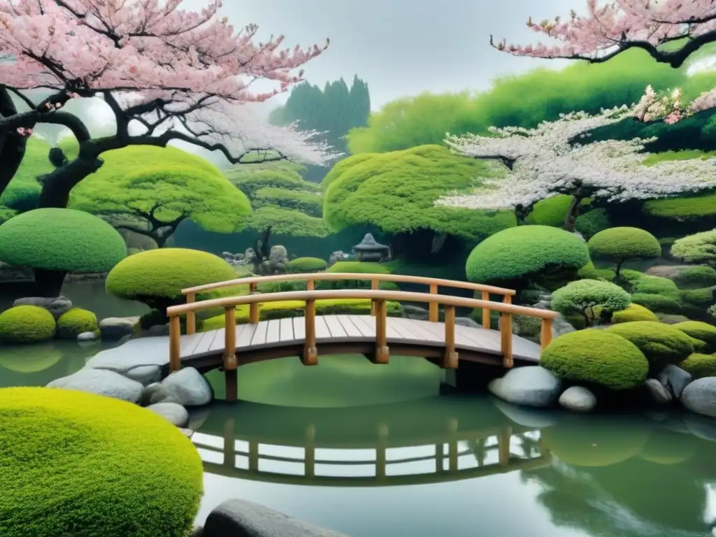 Escena serena de jardín japonés: puente de madera sobre estanque, rodeado de vegetación y cerezos en flor