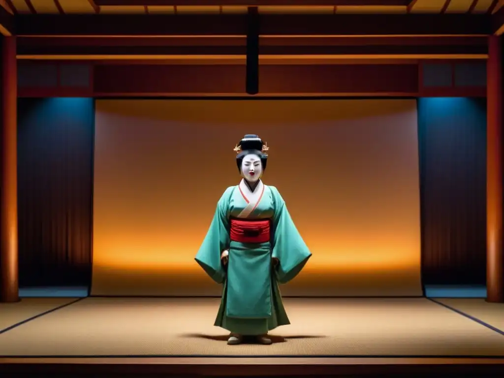 Escena tranquila de un escenario de teatro Noh japonés con un intérprete solitario, vestido con un elaborado traje y máscara, iluminado suavemente, creando una atmósfera de reverencia y belleza artística