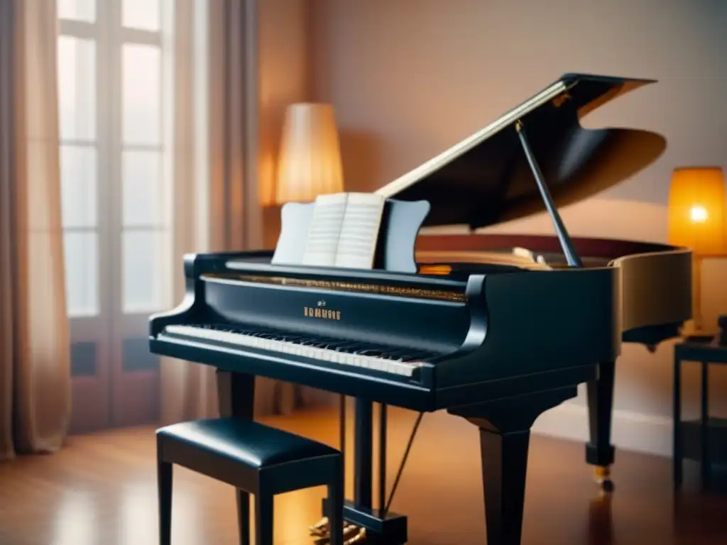 Una escena tranquila con un piano y una máquina de escribir vintage en un elegante escritorio, iluminada por luz natural