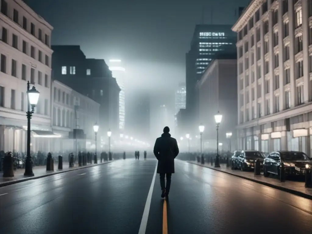 Escena urbana transformadora palabras: ciudad nocturna iluminada por tenues luces, figura solitaria reflexiva en tranquila calle