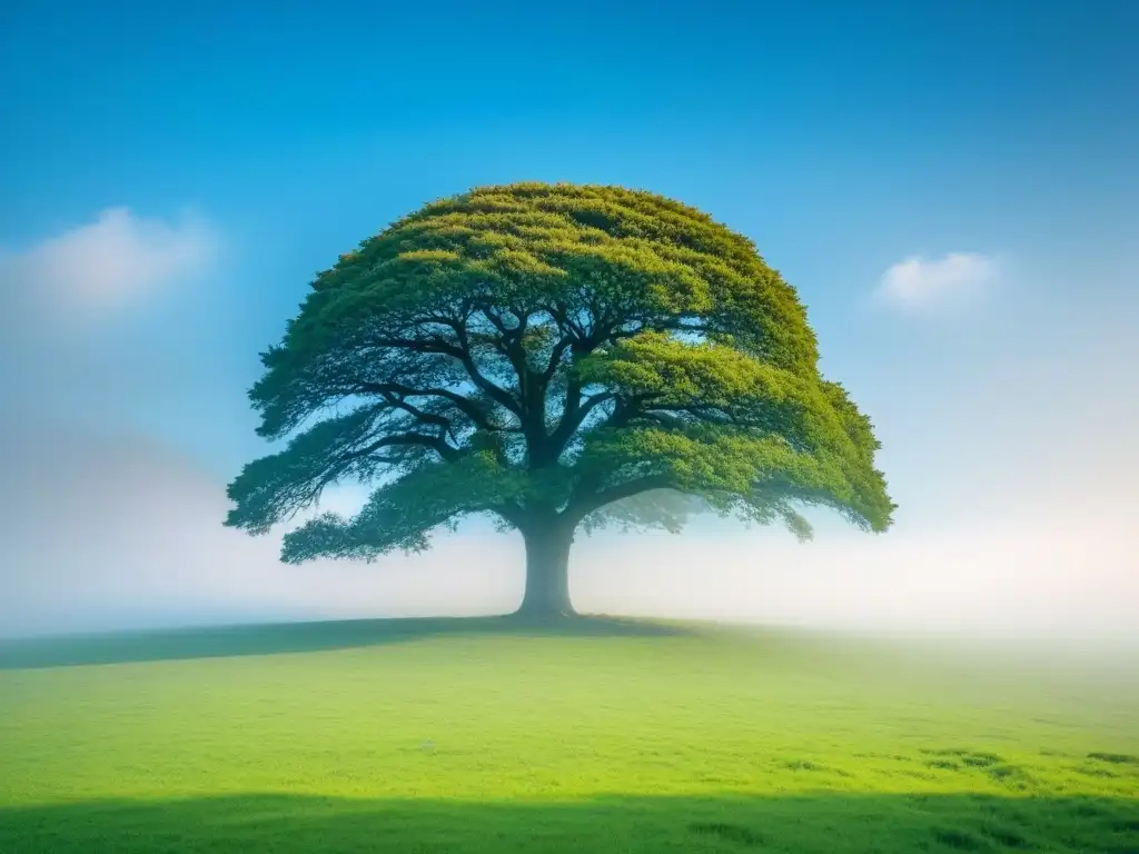 Escena utópica: árbol solitario en paisaje verde y cielo azul, evoca poesía transformadora